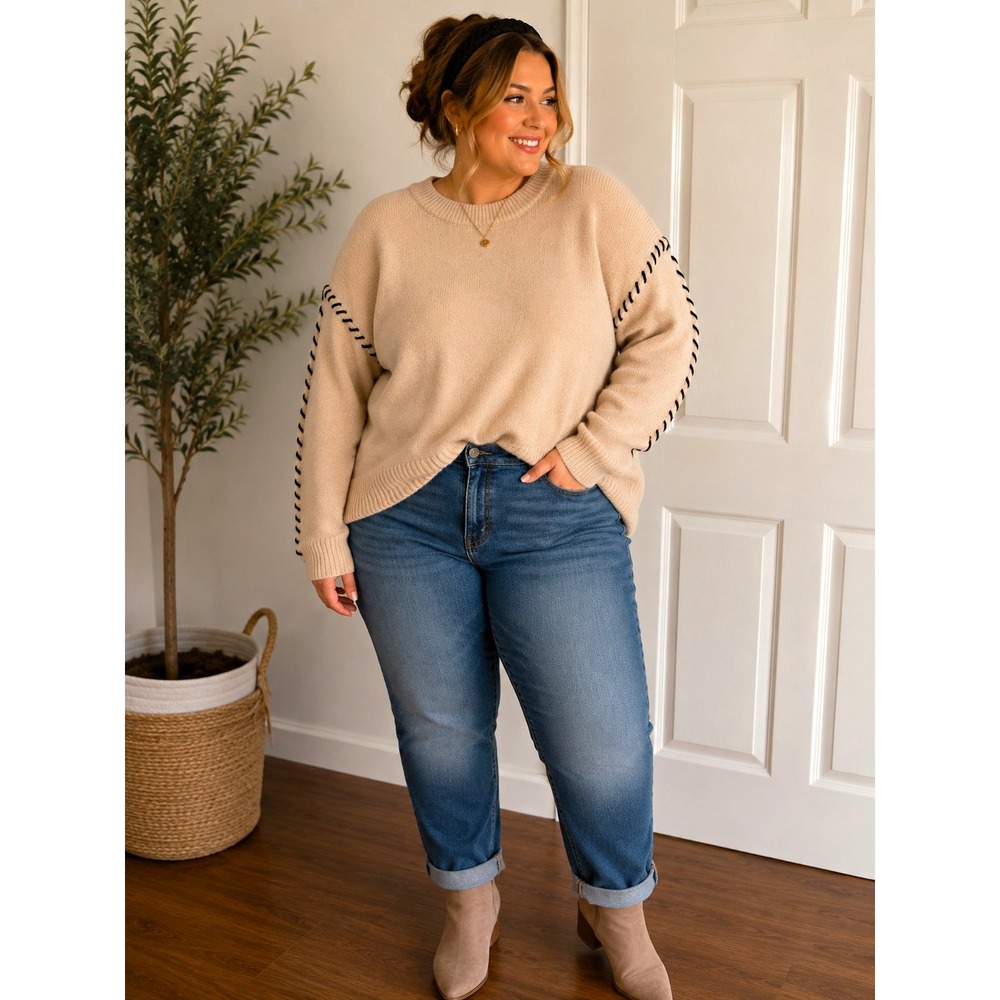 NWT Women Plus 2X Beige Cream Sweater Black Stitch Detail Long Sleeve Crewneck